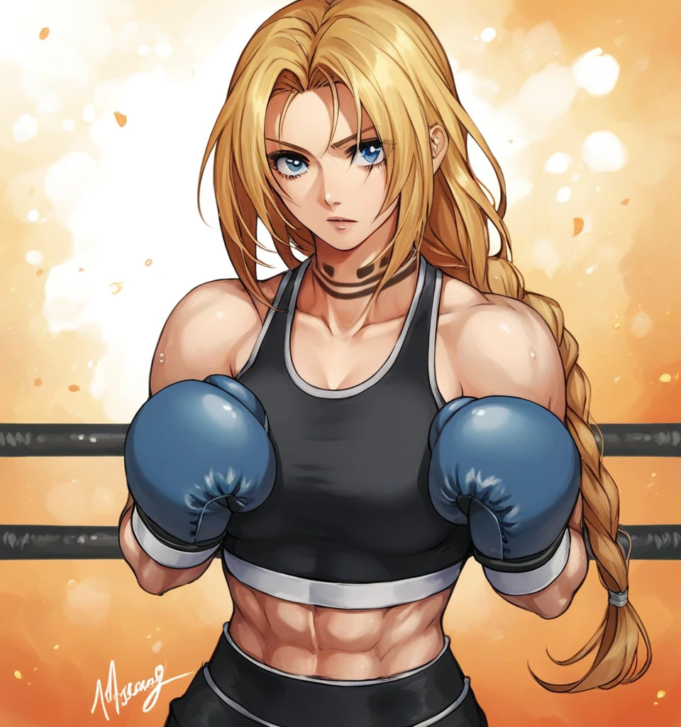 score_9, score_8_up, score_7_up, score_6_up, Detailed Background, BREAK
 koasmirage, 1girl, long hair, sports bra, klausian neck markings, blonde hair, blue eyes, single braid,BREAK
boxing ring, boxing gloves, mma,