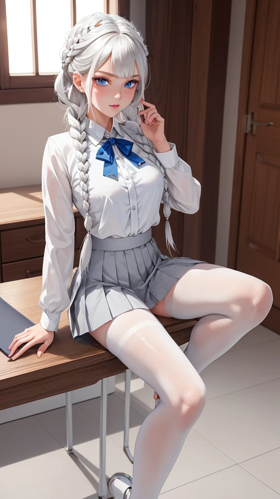 "1girl, incredibly detailed 8k cg, flawless model, mesmerizing idol, stunning face, ethereal beauty, pristine white hair, ring braids, captivating blue eyes, Kakegurui , redblazer, white shirt, pleated grey skirt, brown pantyhose, sat on desk , full body, open legs