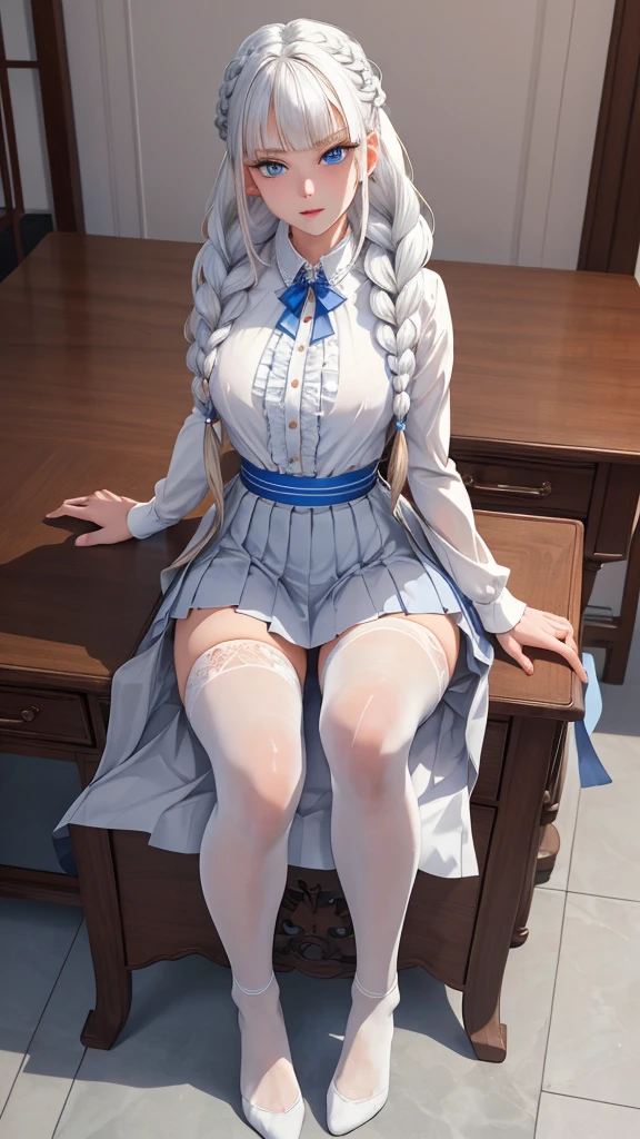 "1girl, incredibly detailed 8k cg, flawless model, mesmerizing idol, stunning face, ethereal beauty, pristine white hair, ring braids, captivating blue eyes, Kakegurui , redblazer, white shirt, pleated grey skirt, brown pantyhose, sat on desk , full body, open legs
