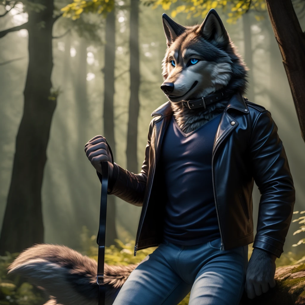 Male, 30 years old, cute, eyeliner, big smile, very happy, black leather jacket, anthro, wolf ears, (black fur:1.5), wolf, forest background, 8k, hi res, (best quality, masterpiece), (wolf tail:1.5), detailed fur, solo, leash and collar, blue jeans, blue eyes,