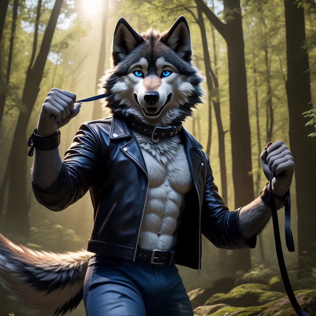 Male, 30 years old, cute, eyeliner, big smile, very happy, black leather jacket, anthro, wolf ears, (black fur:1.5), wolf, forest background, 8k, hi res, (best quality, masterpiece), (wolf tail:1.5), detailed fur, solo, leash and collar, blue jeans, blue eyes,