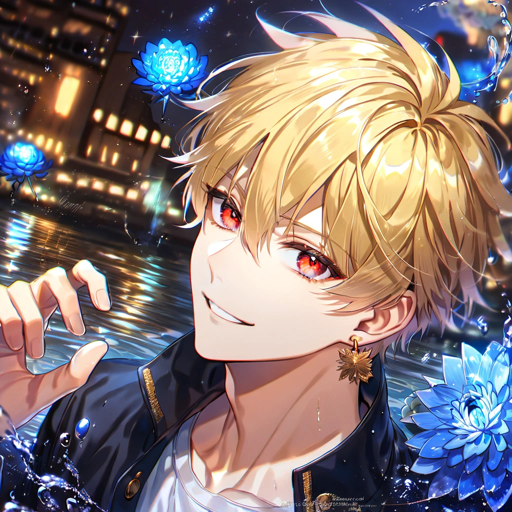 absurdres, highres, ultra detailed, HDR, master piece, best quality, extremely detailed, Gilgamesh, blonde hair, expressive red eyes, Fate Grand Order, solo, sexy man, handsome, handsome smile, golden earrings, black jacket, white T-shirt, fantasy, water, sparkling, blue glittering fireflies, blue moon, blue blossoms, blue chrysanthemums, blue sparkling lights, starry sky