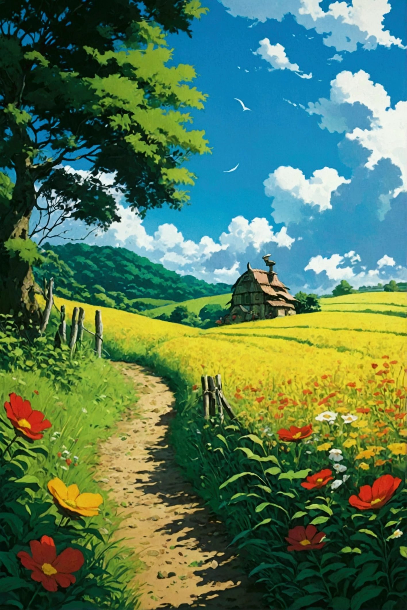 in the farm meadow、Ghibli style、My Neighbor Totoro Scenery