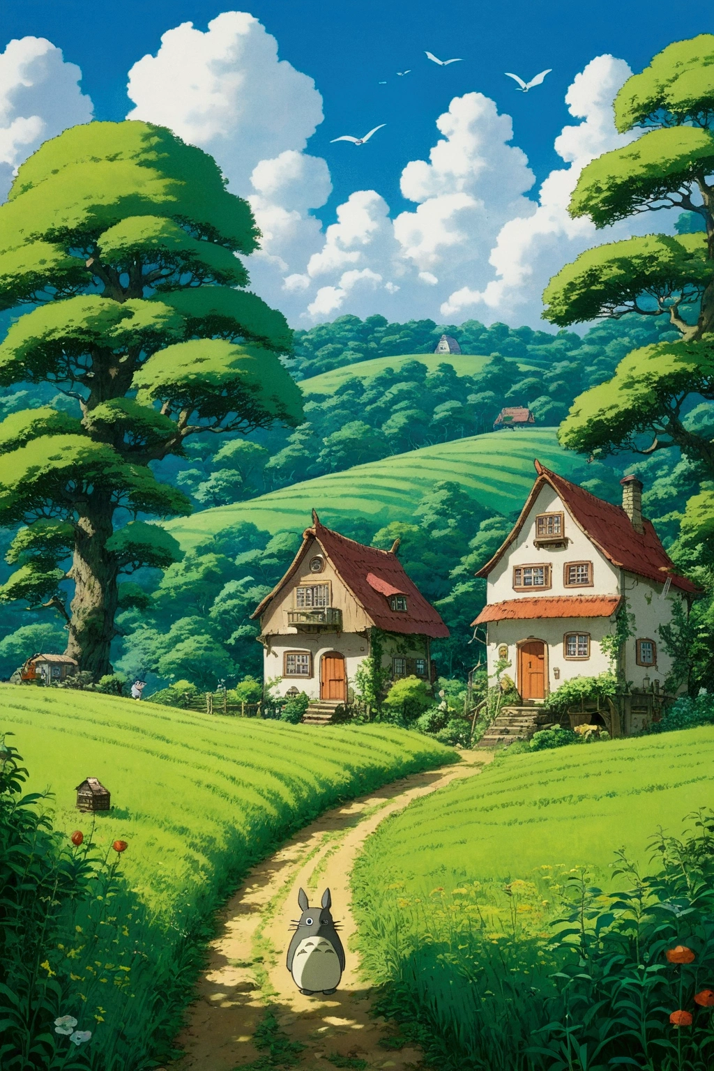 in the farm meadow、Ghibli style、My Neighbor Totoro Scenery