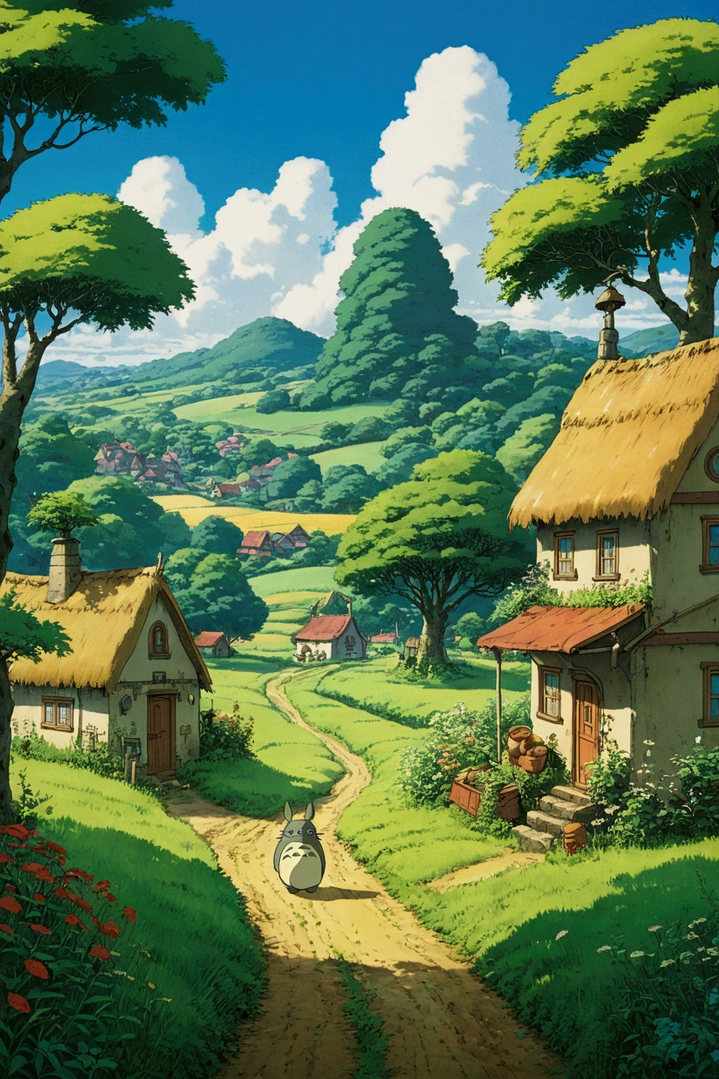 in the farm meadow、Ghibli style、My Neighbor Totoro Scenery
