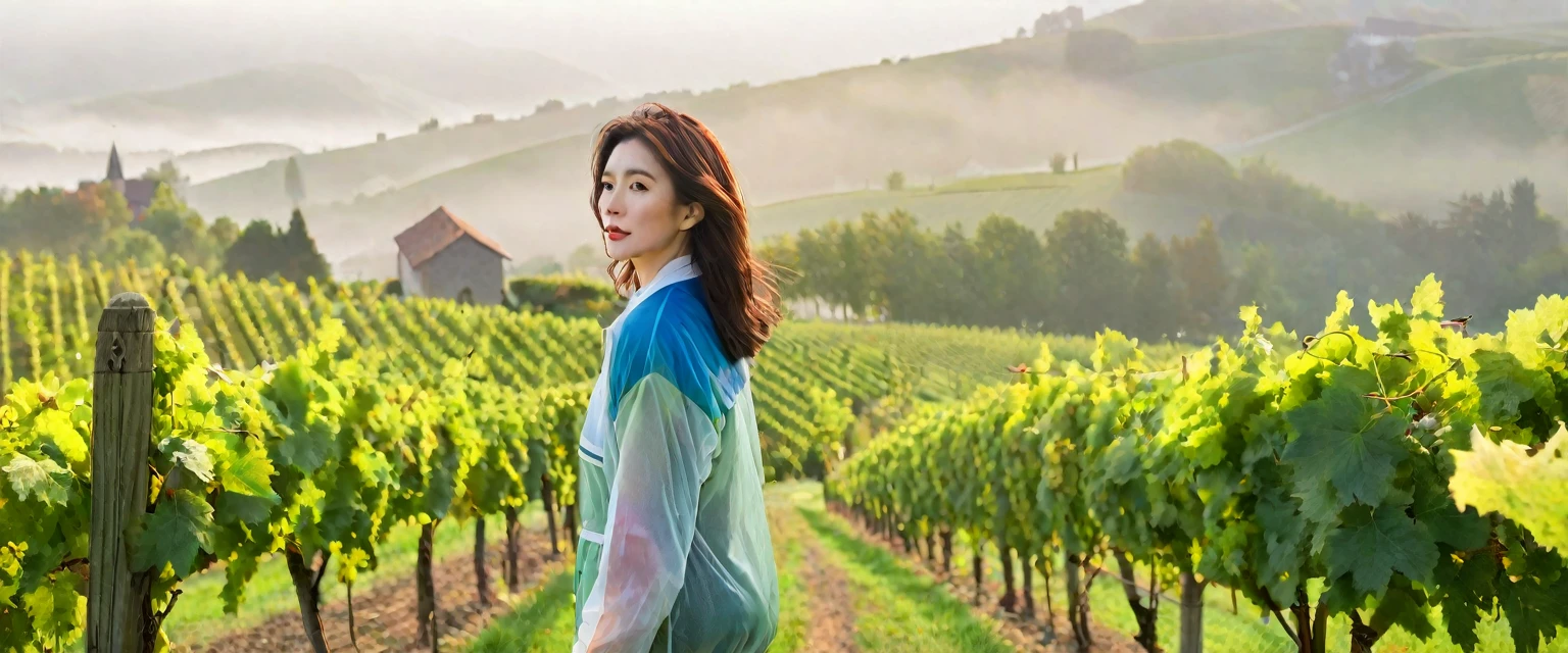 8k best picture quality, Beautiful 36-year-old Korean woman, Chest size 34 inches, Passing through the vineyards in the Swiss countryside, the cathedral is visible through the early morning fog., The back background is realistic and vivid image quality, medium hair, Casual and British - (Short-sleeved windbreaker for summer) ,Perfect and realistic photos, The background is realistic. Full body shot with Canon camera 16-35 wide angle lens, expressionless, Standing on a vineyard hill covered in thick fog, Look at the front camera, walking from afar.