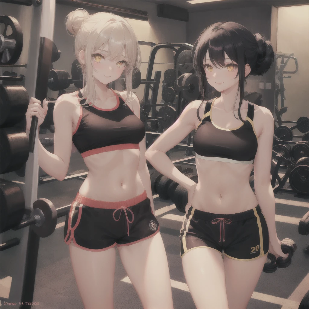1girl, Black cut hair, yellow eyes, best quality, 12K, cute , slim body, sexy gym outfit, gym top, thight gym shorts, pussy marking shorts, Brown top knot, vibrant colors, soft lighting, delicate features, innocent eyes, playful smile, sparkling atmosphere, whimsical art style.