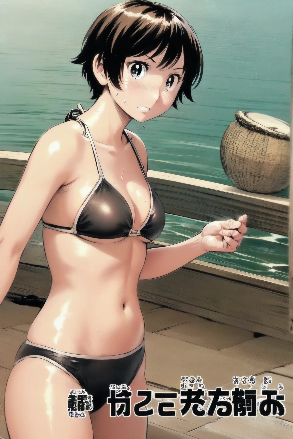、(masterpiece、Highest quality)、Highest quality, Ultra-high resolution, (((masterpiece))), alone, Sweat、Big eyes, Composition from the front、Shortcuts、Embarrassed face、Bronze colored hair、Cut your hair short、Ocean、Beach、Black Micro Bikini、belly button、short hair、(Bronze colored hair)
