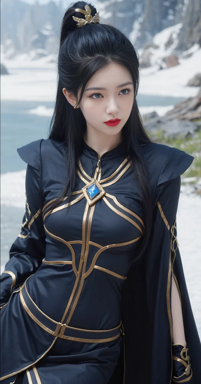 best quality, tmasterpiece,Ultra-high resolution,Clear face,(Reality:1.4),ferpect lighting,(upper body shot), (photorealistic:1.50), anime wallpaper, Guviz style artwork, cover-up fantasy up to magic , by Yang J, Guviz, beautiful artwork illustration, beautiful digital artwork, beautiful digital illustration, Li Song, beautiful anime portrait, art style in Beauvot, Lips wear thick red lipstick