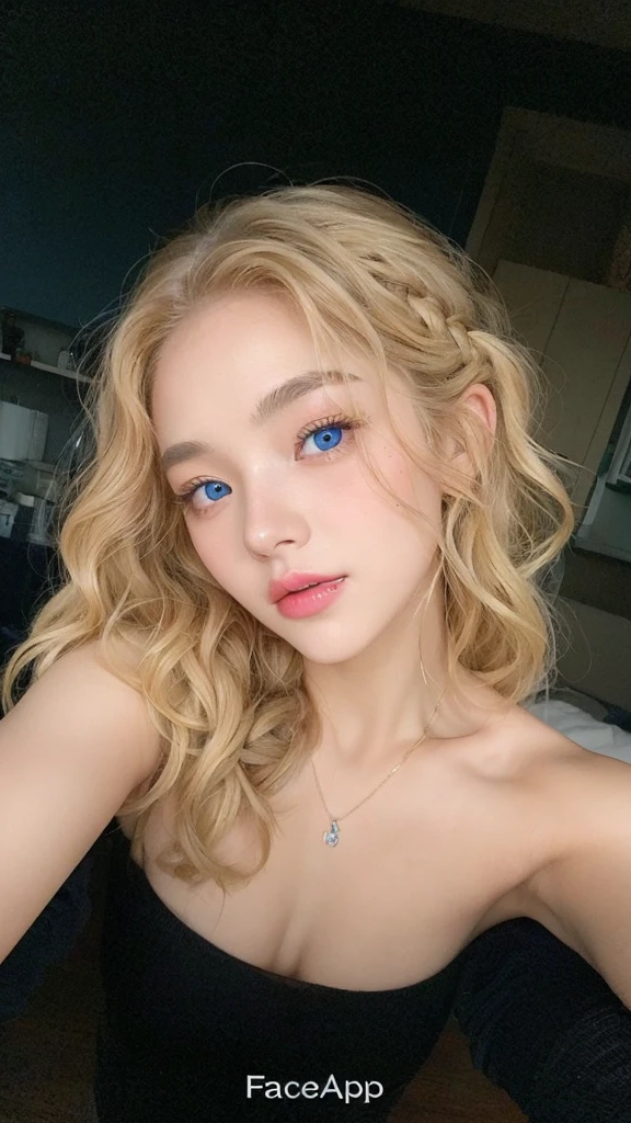 girl with korean face,blonde curly hair with a braid, no-makeup, mouth and eyebrows with bright colors, top quality picture.