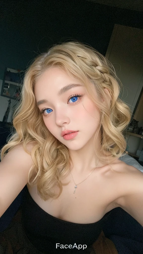 girl with korean face,blonde curly hair with a braid, no-makeup, mouth with bright colors, top quality picture.
