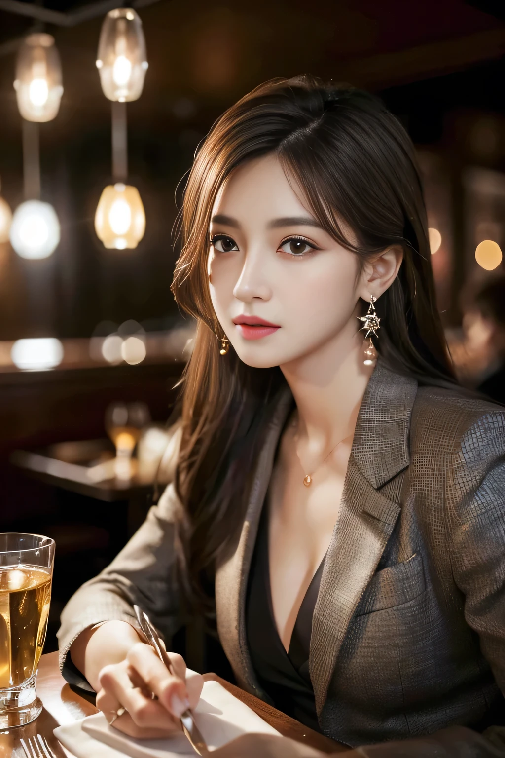 masterpiece, Highest quality, Realistic, Very detailed, Finer details, High resolution, 8k wallpaper, One beautiful woman, Wear a nice suit, In a great restaurant, At night, Light brown messy hair, Perfect dynamic composition, Beautiful and beautiful eyes、Big earrings、Sit down