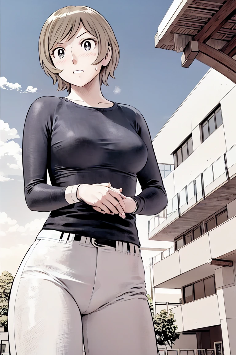 (野球uniform:1.2),
blonde, (short hair:1.2),Long sleeve, Black Shirt, White trousers、uniform、Black belt、((Illustration of people))、Tank top、
View your viewers,, (Highest quality:1.3),One Girl, White pants、uniform、Outdoor、baseball ground、ground、soil、blue eyes、Tight black shirt、(masterpiece、Highest quality)、Highest quality, Ultra-high resolution, (((masterpiece))), alone, Sweat、Big eyes、Large breasts、Torn clothes、 Fully exposed、Nipples、One Girl, Front view、Embarrassed face、Bronze colored hair、((short hair))、Stand up straight、Cowboy Shot