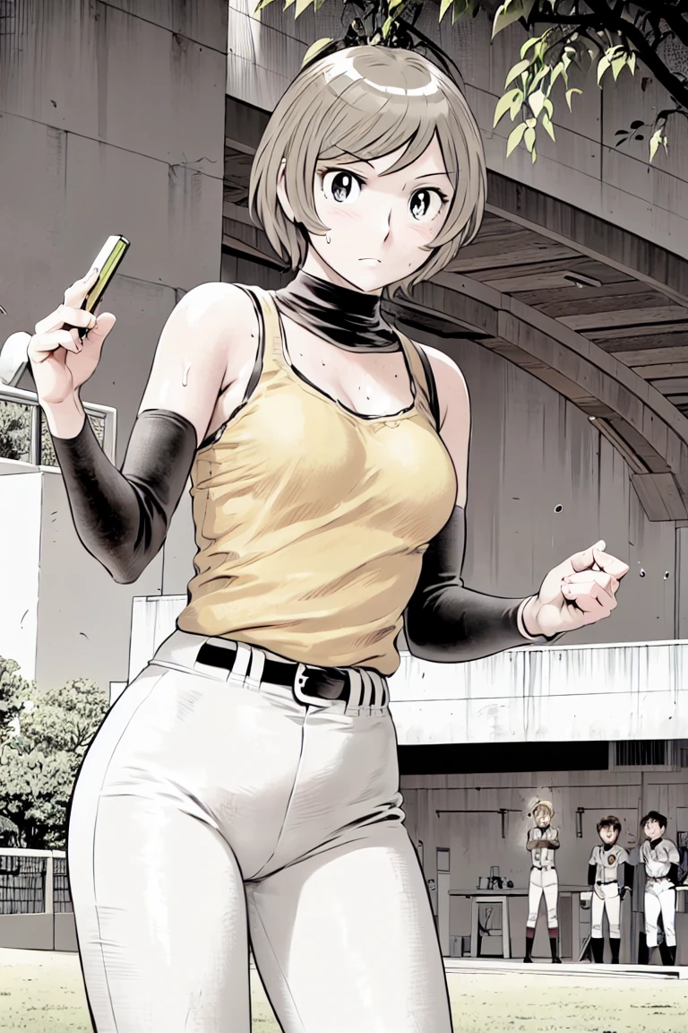 (野球uniform:1.2),
blonde, (short hair:1.2),Long sleeve, Black Shirt, White trousers、uniform、Black belt、((Illustration of people))、Tank top、
View your viewers,, (Highest quality:1.3),One Girl, White pants、uniform、Outdoor、baseball ground、ground、soil、blue eyes、Tight black shirt、(masterpiece、Highest quality)、Highest quality, Ultra-high resolution, (((masterpiece))), alone, Sweat、Big eyes、Large breasts、Torn clothes、 Fully exposed、Nipples、One Girl, Front view、Embarrassed face、Bronze colored hair、((short hair))、Stand up straight、Cowboy Shot