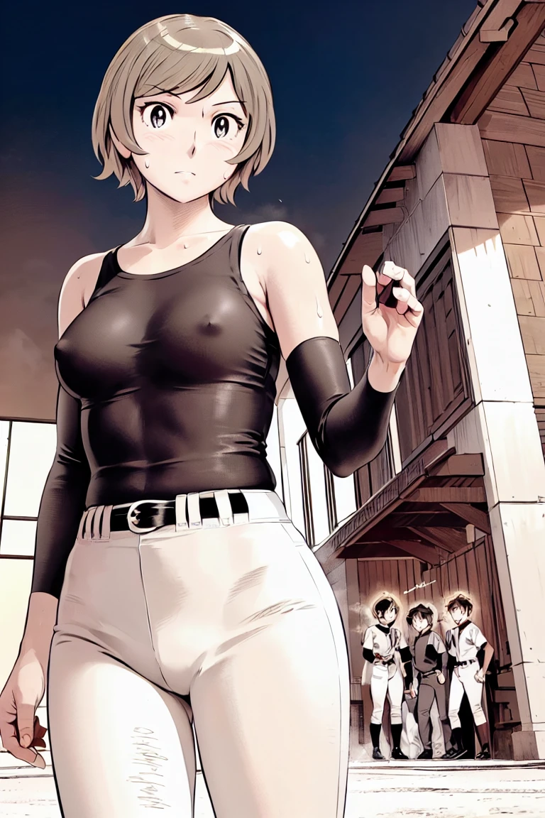 (野球uniform:1.2),
blonde, (short hair:1.2),Long sleeve, Black Shirt, White trousers、uniform、Black belt、((Illustration of people))、Tank top、
View your viewers,, (Highest quality:1.3),One Girl, White pants、uniform、Outdoor、baseball ground、ground、soil、blue eyes、Tight black shirt、(masterpiece、Highest quality)、Highest quality, Ultra-high resolution, (((masterpiece))), alone, Sweat、Big eyes、Large breasts、Torn clothes、 Fully exposed、Nipples、One Girl, Front view、Embarrassed face、Bronze colored hair、((short hair))、Stand up straight、Cowboy Shot