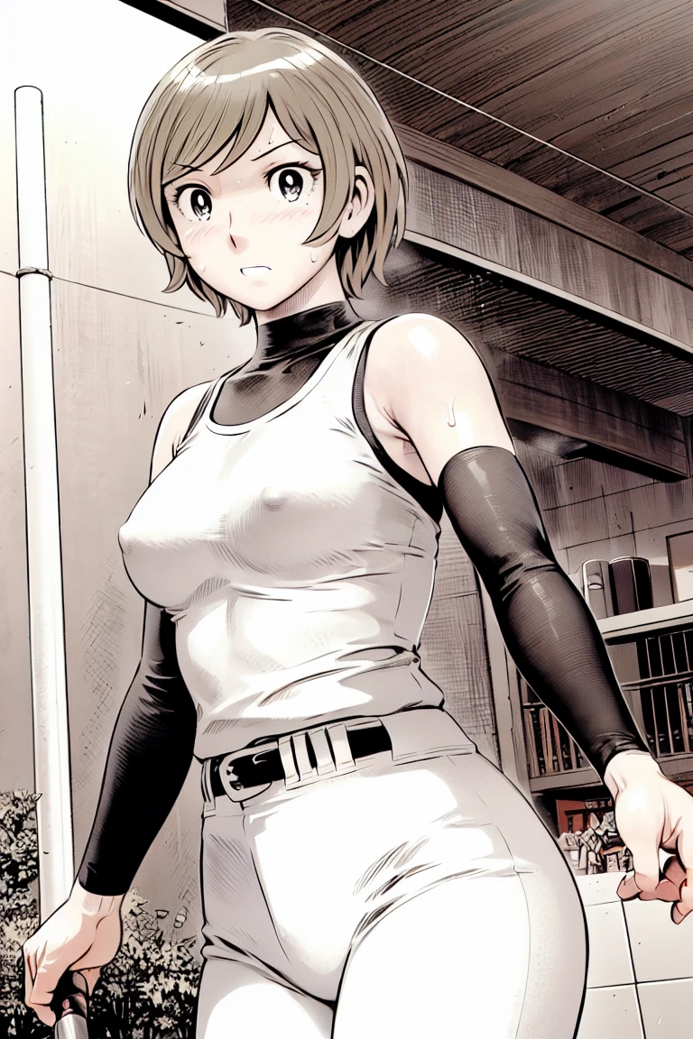 (野球uniform:1.2),
blonde, (short hair:1.2),Long sleeve, Black Shirt, White trousers、uniform、Black belt、((Illustration of people))、Tank top、
View your viewers,, (Highest quality:1.3),One Girl, White pants、uniform、Outdoor、baseball ground、ground、soil、blue eyes、Tight black shirt、(masterpiece、Highest quality)、Highest quality, Ultra-high resolution, (((masterpiece))), alone, Sweat、Big eyes、Large breasts、Torn clothes、 Fully exposed、Nipples、One Girl, Front view、Embarrassed face、Bronze colored hair、((short hair))、Stand up straight、Cowboy Shot