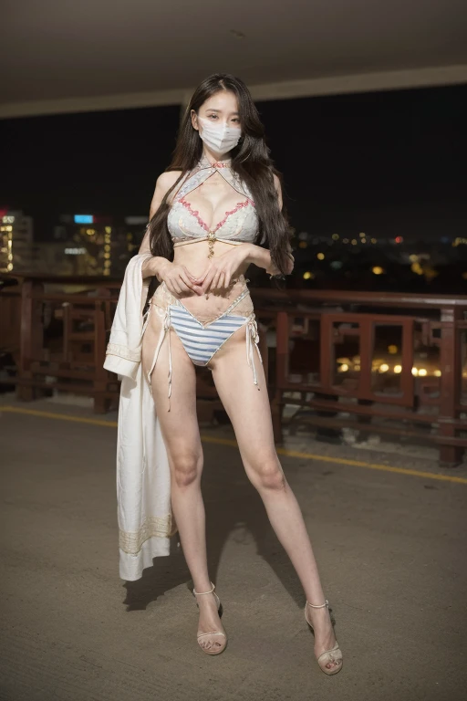 ((original photography:1.2)),Photographed by mobile phone,RAW photos,Night view of Beijing,violent storm,1 Girl, Perfect body,Full body portrait,Fashion的头发, Very long hair, delicate eyes, Side Light, Sweating,With a mask, huge collar,Medium breasts,Fashion的民族服飾,(intricate ethnic costumes、embroidery、stripe、pattern、Fashion、Hollow),Long slender legs