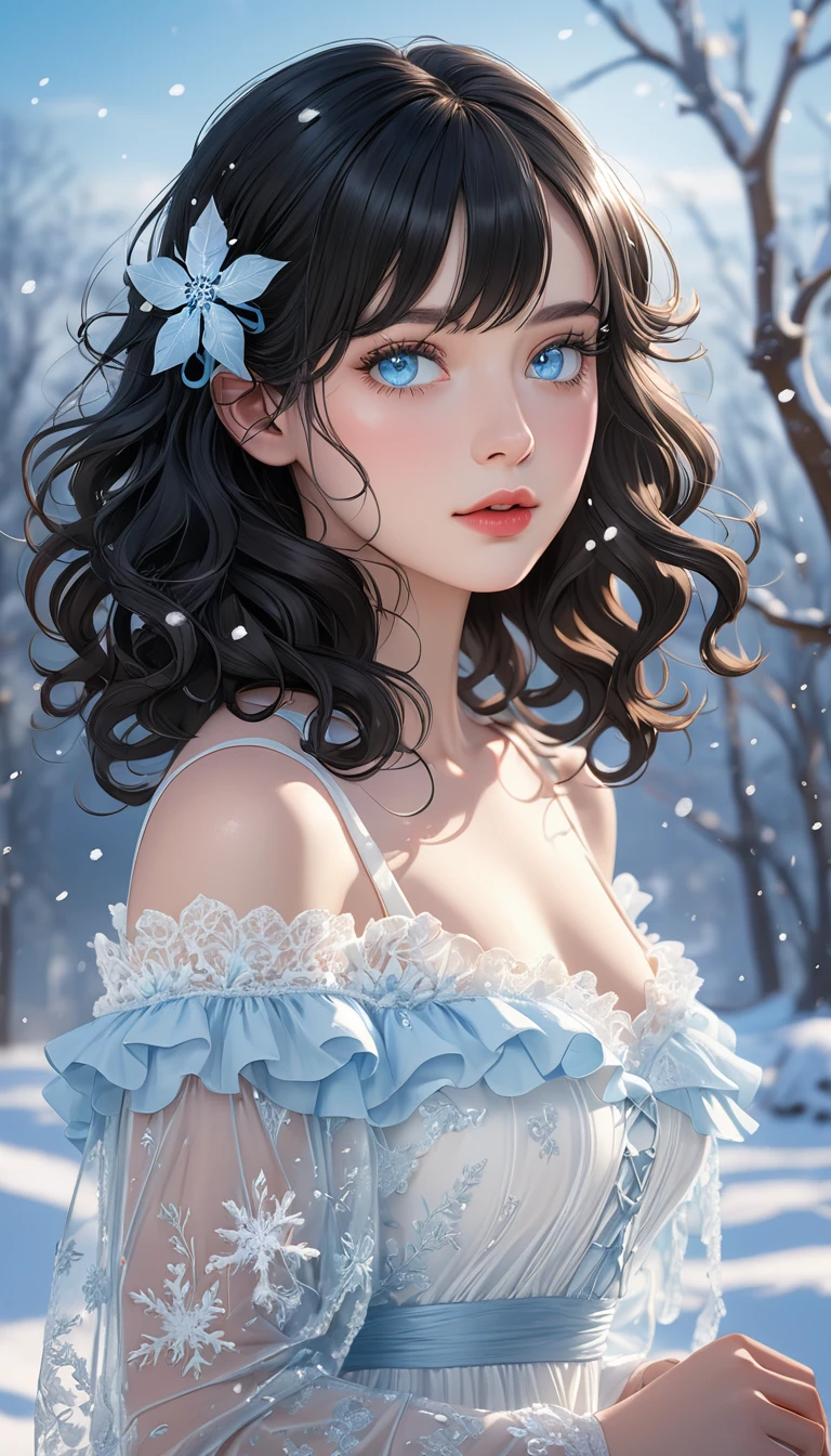 (((masterpiece))),best quality,illustration,4k wallpaper,movie lighting,absurd,1 girl,(snow,ice),snow flower,in winter,(((black hair))),(((medium hair))),shiny hair,curls,(((pale blue eyes))),transparent clothes,frills,lace,white clothes,(((white dress))),leave_Shoulder,hair tie,masterpiece,telephoto lens,absurd,Exquisite face,features,natural light,soft light,(Seven-part combination),epic,Dreamy and magical,mystery,