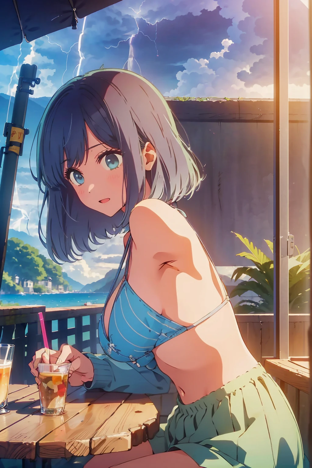 (Highest quality:1.4、masterpiece:1.4、Super detailed:1.4、8K:1.4)、((((1 person、Surprised expression、sit、Outdoor café terrace、coastal、juice、table、Sandy Beach、juiceのグラスを持つ、Micro Bikini、Very soft boobs、Big eyes、Very cute face))))、(with a thunderstorm:1.4)、F cup bust、Medium breast、Underboob、Sideboob