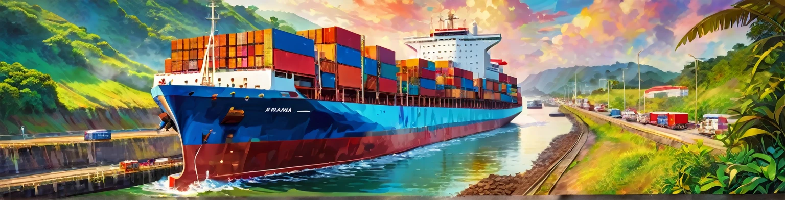 Panama Canal, paint, double exposure, (textura de paint:1.2), (Masterpiece:1.2), Best Quality, (hyperdetailed, more detailed:1.2), high resolution textures, beautiful landscape, Very detailed, very clear, (Panama Canal), vivid colors, HD, multicolor style, barco de buques pasando el Panama Canal
