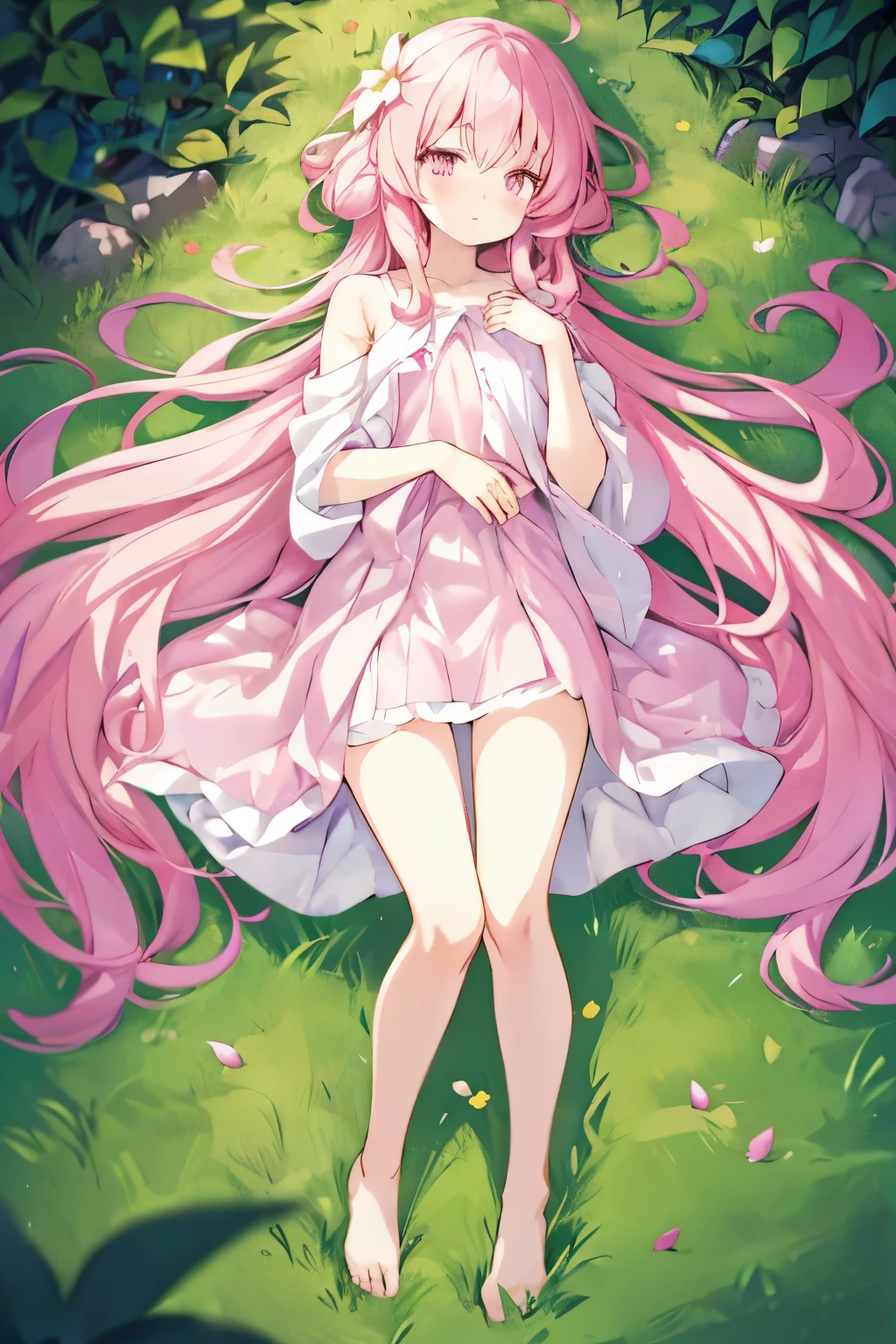 cute anime girl, fairy, pink long hair, flower dress, in a forest, very short skirt, laying on the ground, bare thighs, bare legs, shy, crossed thighs, NSFW