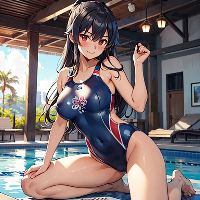 yahagi_kantaicollection,(masterpiece:1.4),(best quality:1.4), (amazing), (great illustration:1.4), (ultra-detailed:1.4), (art CG, 8K),competition swimsuit,(blush:1.4),smile,sexy pose,full body,pool,1girl,solo,