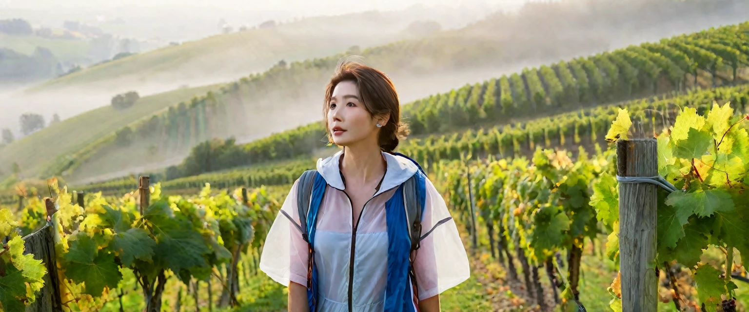 8k best picture quality, Beautiful 36-year-old Korean woman, Chest size 34 inches, Passing through the vineyards in the Swiss countryside, the cathedral is visible through the early morning fog., The back background is realistic and vivid image quality, medium hair, Casual and British - (Short-sleeved windbreaker for summer) ,Perfect and realistic photos, The background is realistic. Full body shot with Canon camera 16-35 wide angle lens, expressionless, Walking up a vineyard hill covered in thick fog., Looking at the front camera.