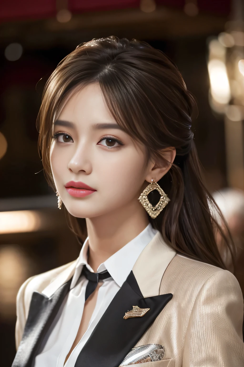 masterpiece, Highest quality, Realistic, Very detailed, Finer details, High resolution, 8k wallpaper, One beautiful woman, Wear a nice suit, In a great restaurant, At night, Light brown messy hair, Perfect dynamic composition, Beautiful and beautiful eyes、Big earrings、