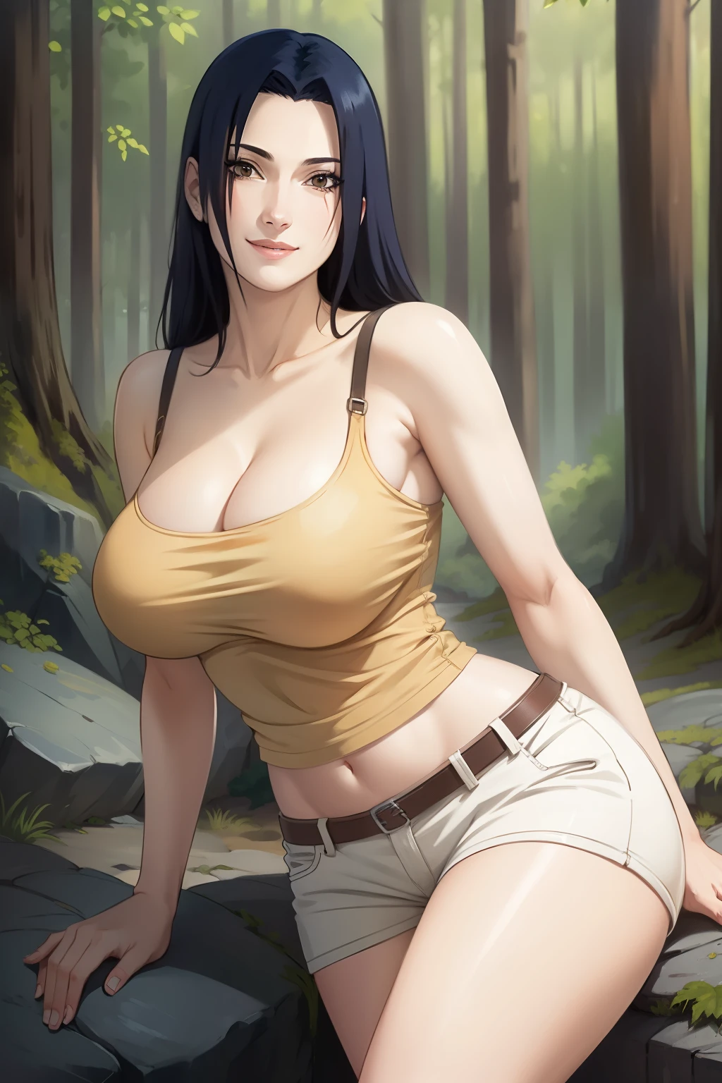 Mikoto Uchiha, oil painting, highly detailed, realistic, portrait, bright colors, soft lighting, (best quality, 4k,8k, height, masterpiece: 1.2), (big round breasts: 1.5), professional, long black hair, eyes black, beautiful detailed eyes and face, very detailed smile, long eyelashes, sitting on a rock, looking towards the viewer, very short top, big butt, bare shoulders, white shorts, outdoors, forest, cowboy shot, collarbone.