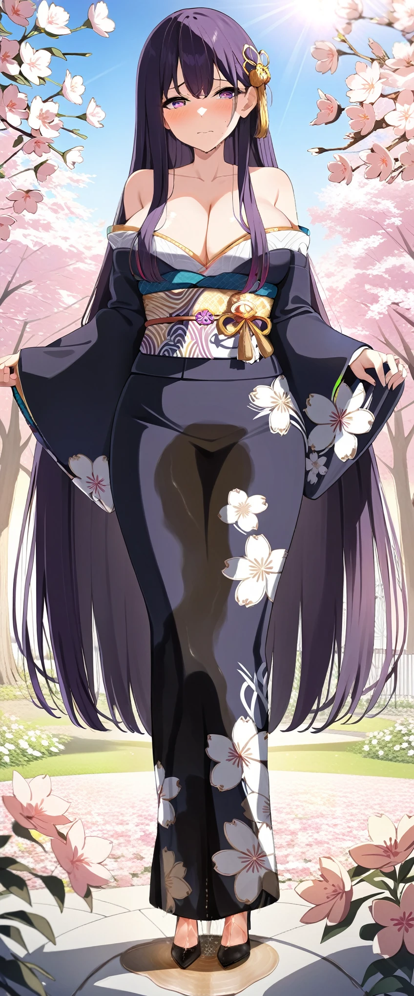 (masterpiece:1.37), best quality, (extremely detailed:1.37), (1girl:1.5), woman, (mature:1.5), (adult:1.5), large breasts, very long hair, (straight hair:1.5), (very dark purple hair:1.5), purple eyes, (extremely detailed eyes:1.37), (furisode:2.0), desperation, (wetting self:2.0), standing, embarrassed, humiliation, blushing, angry, cherry blossoms, garden, (golden hour:1.5), full body