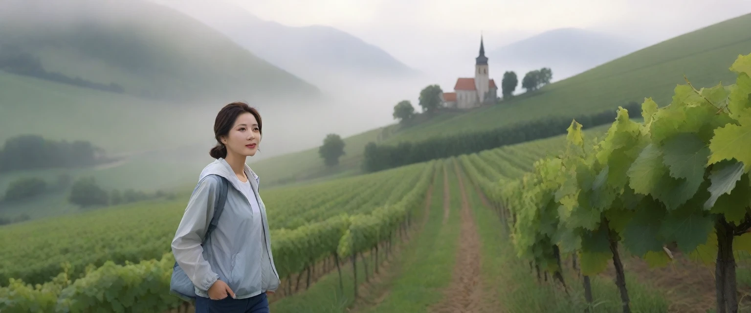 8k best picture quality, Beautiful 36-year-old Korean woman, Chest size 34 inches, Passing through the vineyards in the Swiss countryside, the cathedral is visible through the early morning fog., The back background is realistic and vivid image quality, medium hair, Casual and British - (Short-sleeved windbreaker for summer) ,Perfect and realistic photos, The background is realistic. Full body shot with Canon camera 16-35 wide angle lens, expressionless, Walking up a vineyard hill covered in thick fog., Looking at the front camera