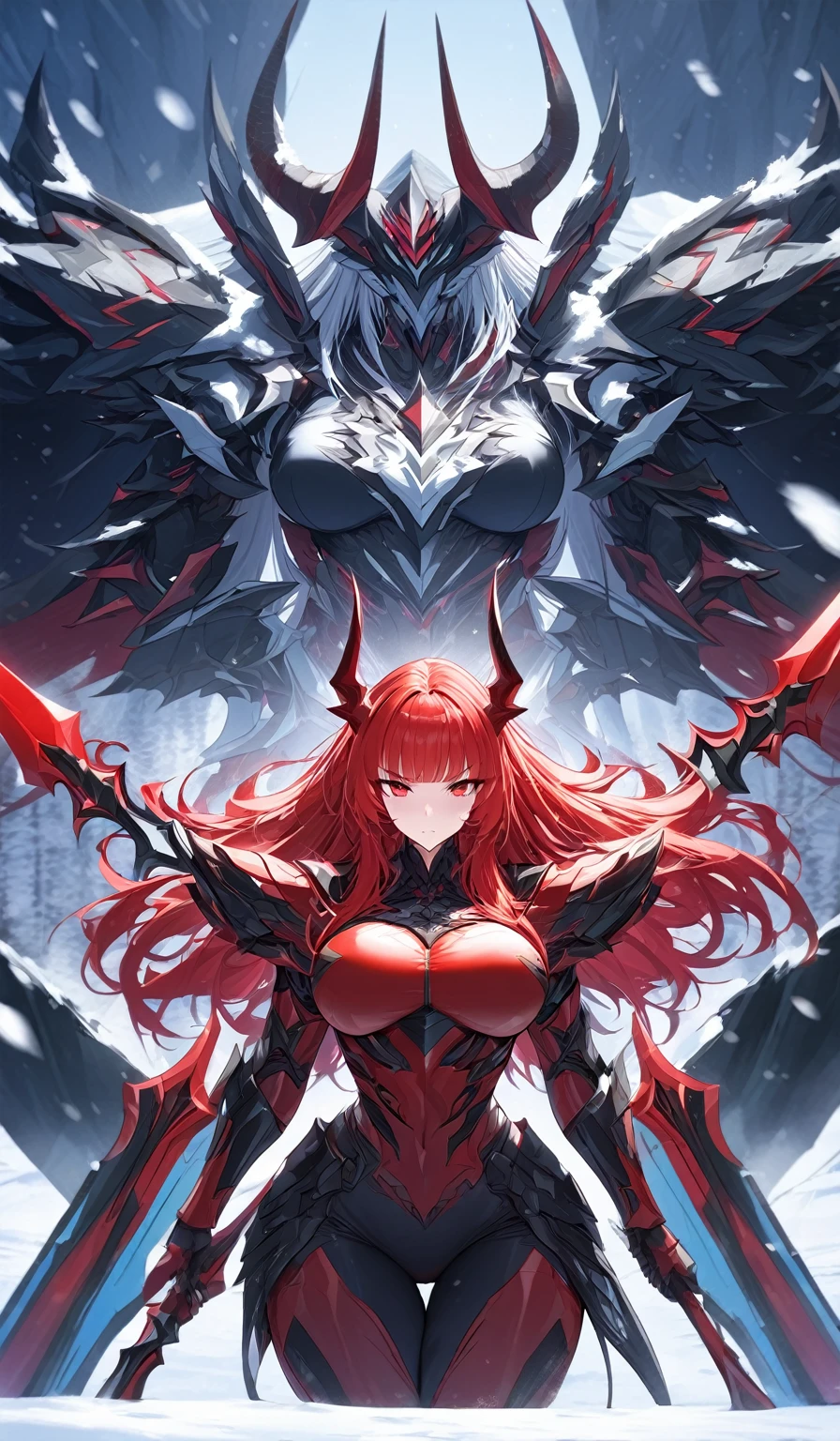 Masterpiece, very detailed, ultra detailed, one, (1 woman), athletic body, six press packages, she is in futuristic red armour with bright black details, with a large and detailed spear, in a stable and fighting position, super mature, tall, milf, mature mother, long hair, straight hair and straight bangs, bright red hair, red demonic horns, beautiful, charming, blood red eyes, elegant, big breasts, serious face, charming, against the background of snow, ice and winter.