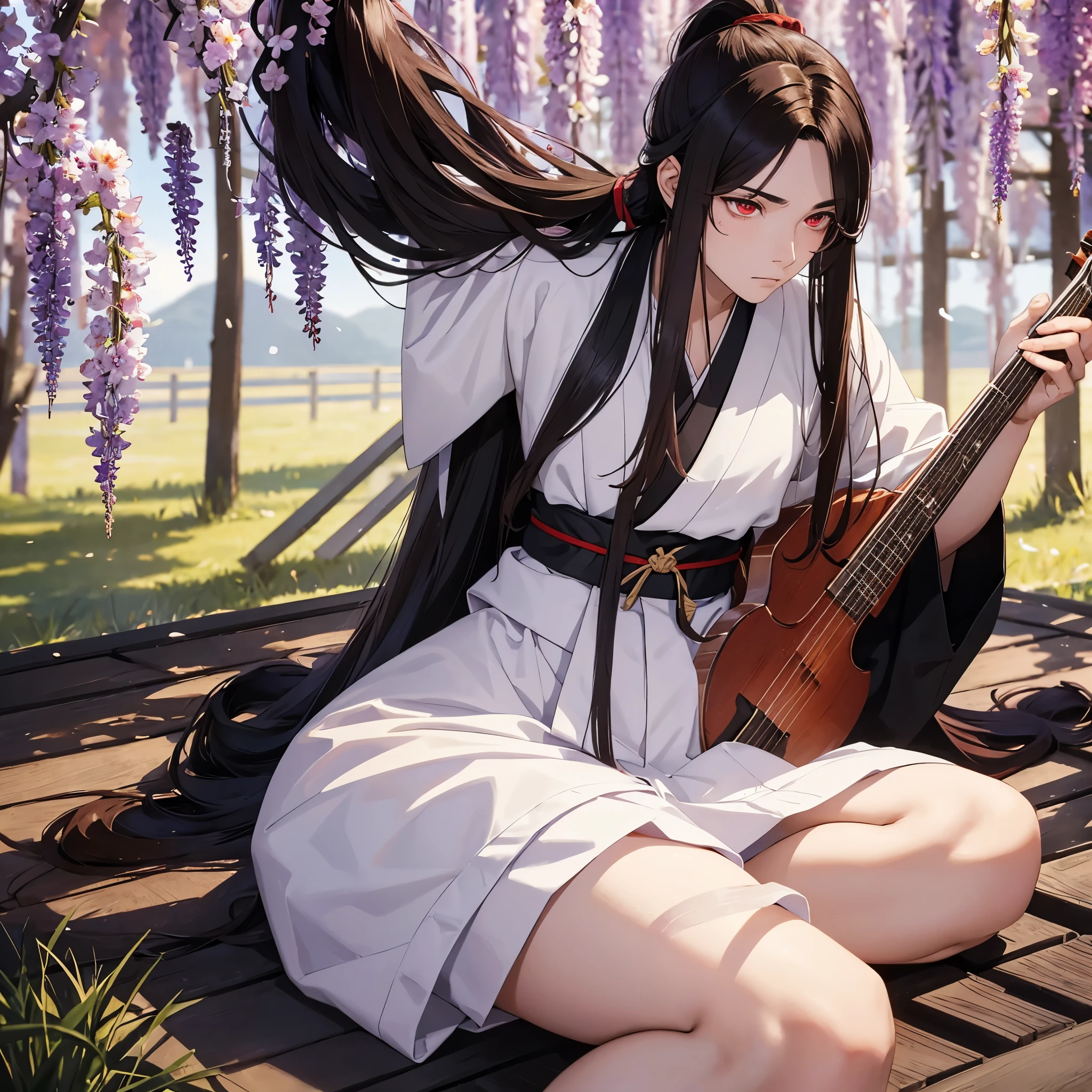 Demon slayer. A 19 year old man with long, thick, brown hair in a half pony tail. The hair is down to his waist and he has red eyes. Also, he wears a plain white haori. Taisho era Japan. Holding a instrument called The Koto. He is sat in a field of Wisteria. Black gloves. He has very pale skin.