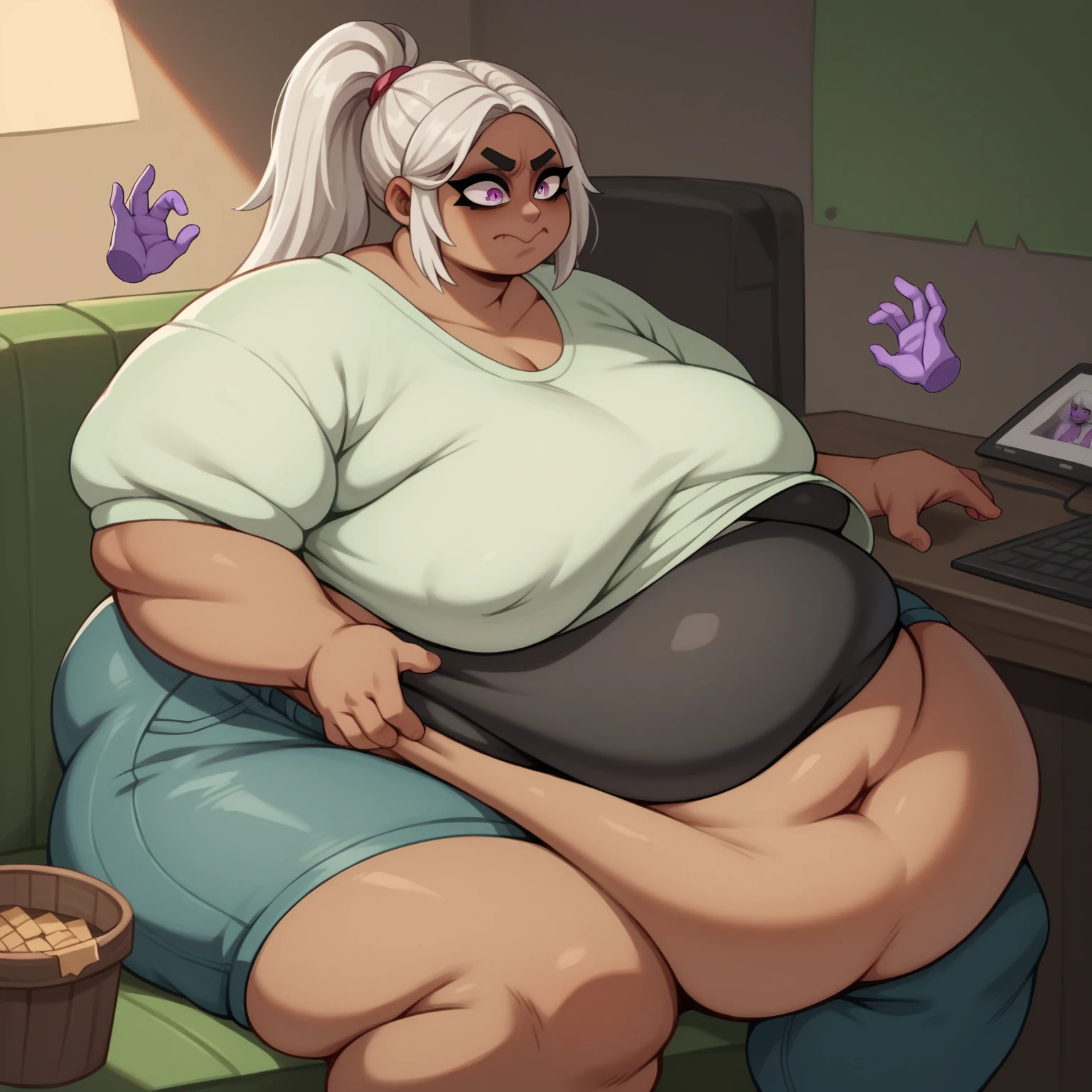 Violet skin all over, small nipples, Thicc, extremely morbidly obese, white hair ((wearing)), white tanktop, black shorts, struggling frown of effort, voluptuous man, feminine boy, femboy, perfect hands, perfect face, smile, (anatomically correct), (Perfect/ realistic proportions:1.2), (overwhelmingly fat arms, obese face), arm up, ((extremely widest hips possible!)), ((extremely massive thick thighs, morbidly large belly), belly overhang!)), (1080P, 4k UHD, Masterpiece:2.1!) ((single)), background: tilted towers_fortnite