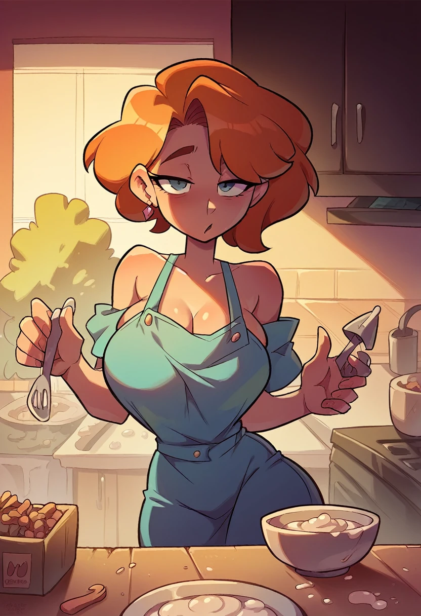 A beautiful young woman with long orange hair, voluptuous figure, wearing a revealing outfit spilling coffee in a kitchen, humorous and lighthearted 90s anime style, vivid colors, highly detailed, masterpiece