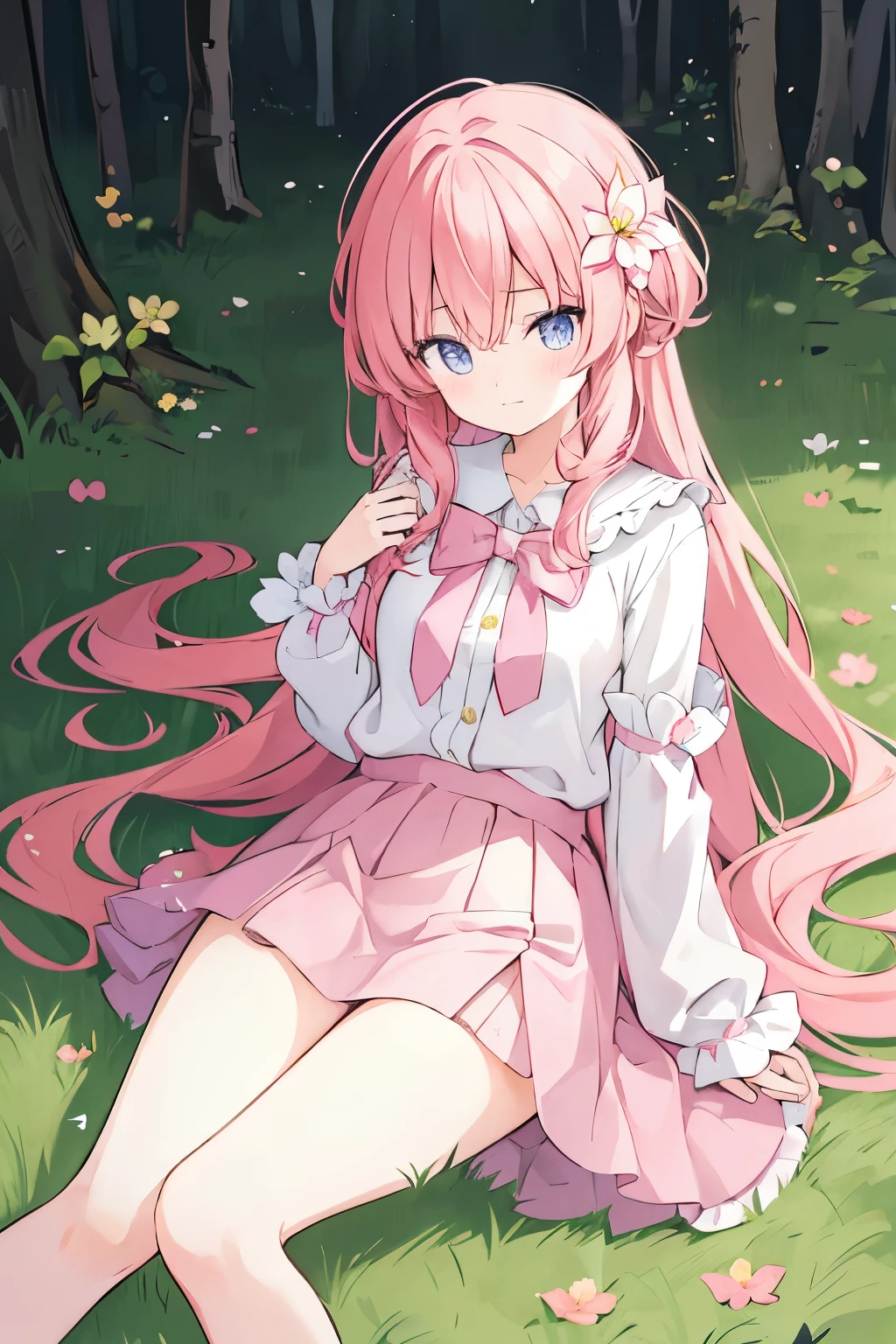 cute anime girl, fairy, pink long hair, flower dress, in a forest, very short skirt, laying on the ground, bare thighs, bare legs, shy, crossed thighs, NSFW