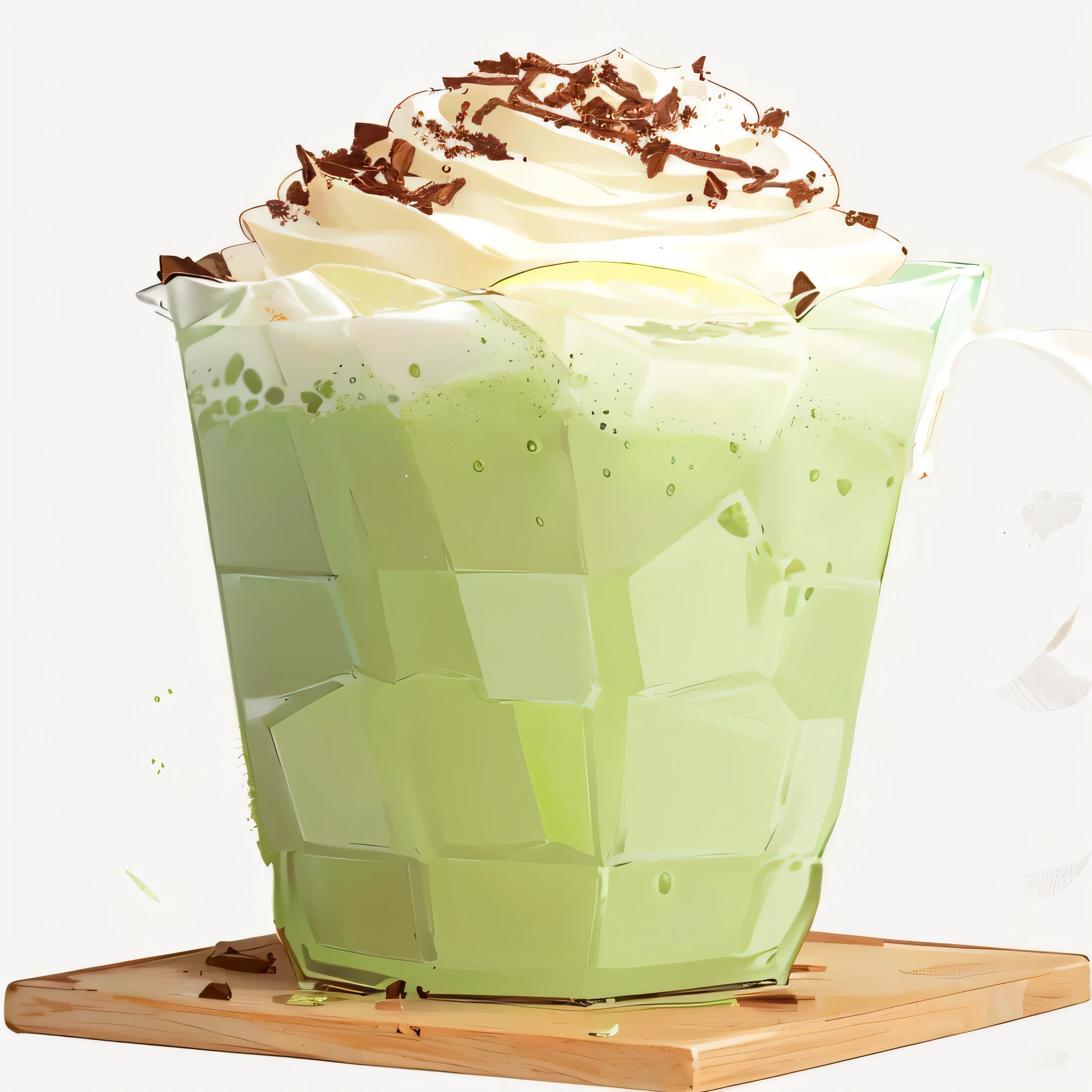 There is a green drink with cream and chocolate chips, Colored milk tea, Loputin and Matcha, 🍸🍋, Avocado Dream, 2506921471, cold drink, 3580780586, full of greenish liquid, 2995599206