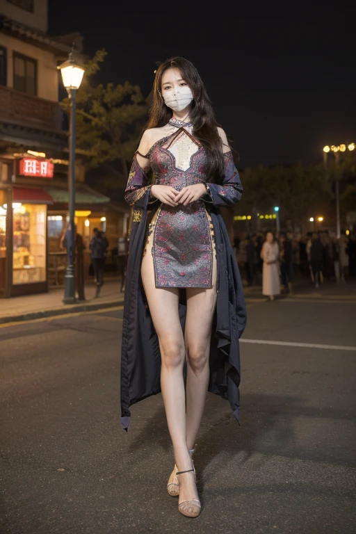 ((original photography:1.2)),Photographed by mobile phone,RAW photos,(masterpiece, Top quality, best quality,Official Art, beautiful and aesthetic:1.2),Night view of Beijing,1 Girl,Standing in the strong wind, Perfect body,Full body portrait,Fashion的头发, Very long hair, delicate eyes, Side Light, Sweating,(With a mask), Huge breasts,Perfect abdominal muscles,Muscle lines,Fashion的服裝,Tight long skirt,(intricate costumes、embroidery、stripe、pattern、Fashion、Hollow),Long slender legs,Sexy high heels
