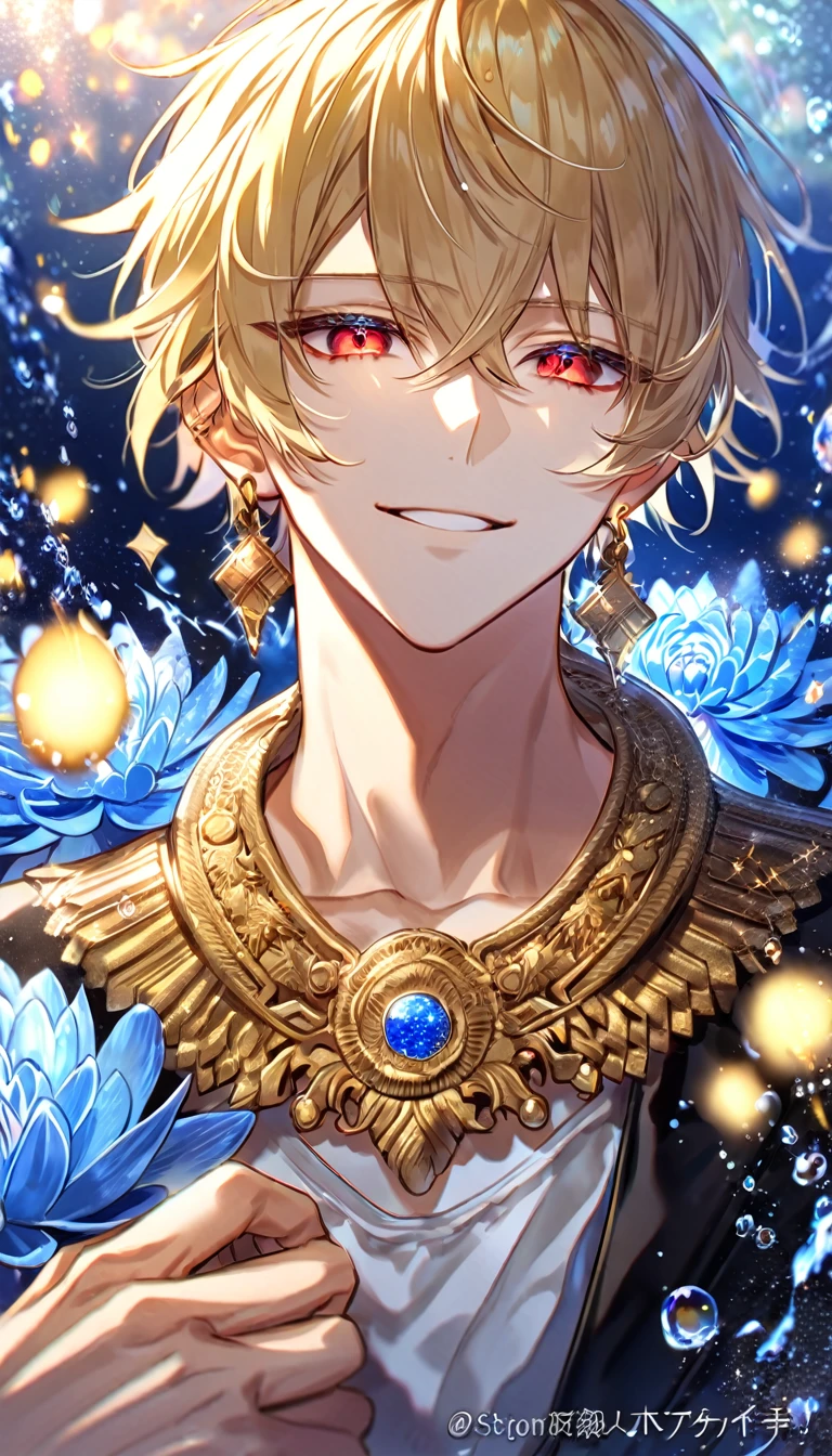 absurdres, highres, ultra detailed, HDR, master piece, best quality, extremely detailed, Gilgamesh, blonde hair, expressive red eyes, Fate Grand Order, solo, sexy man, handsome, handsome smile, golden earrings, black jacket, white T-shirt, fantasy, water, sparkling, blue glittering fireflies, blue moon, blue blossoms, blue chrysanthemums, blue sparkling lights, starry sky