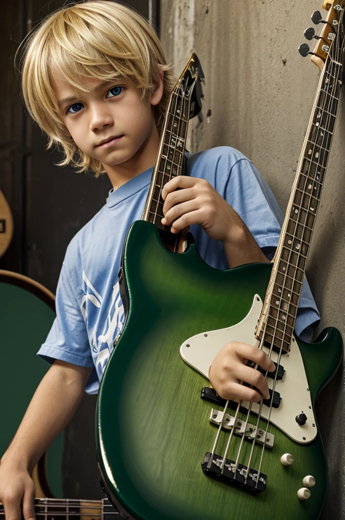 Create a boy with blond hair, Green Eye, bass guitar, cria/favela