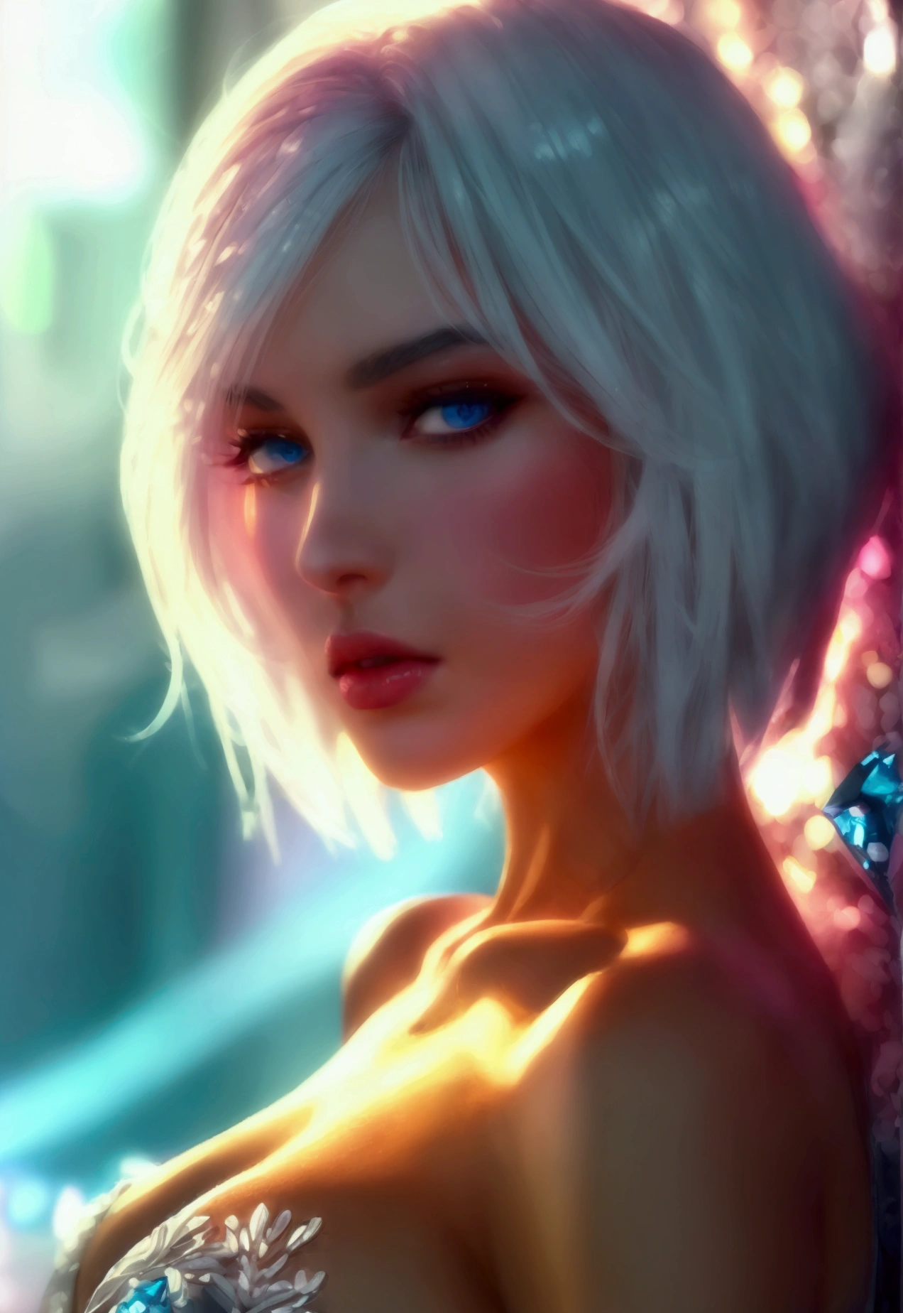 a tall cold supermodel, extremely detailed face, mid 20s, pale skin, white bob haircut, white eyebrows, full pastel pink lips, big breasts, tight ass, smooth long legs, ice blue eyes, ethereal, elegant, graceful pose, dramatic lighting, muted pastel color palette, cinematic, hyper realistic, 8k, photorealistic, best quality, masterpiece