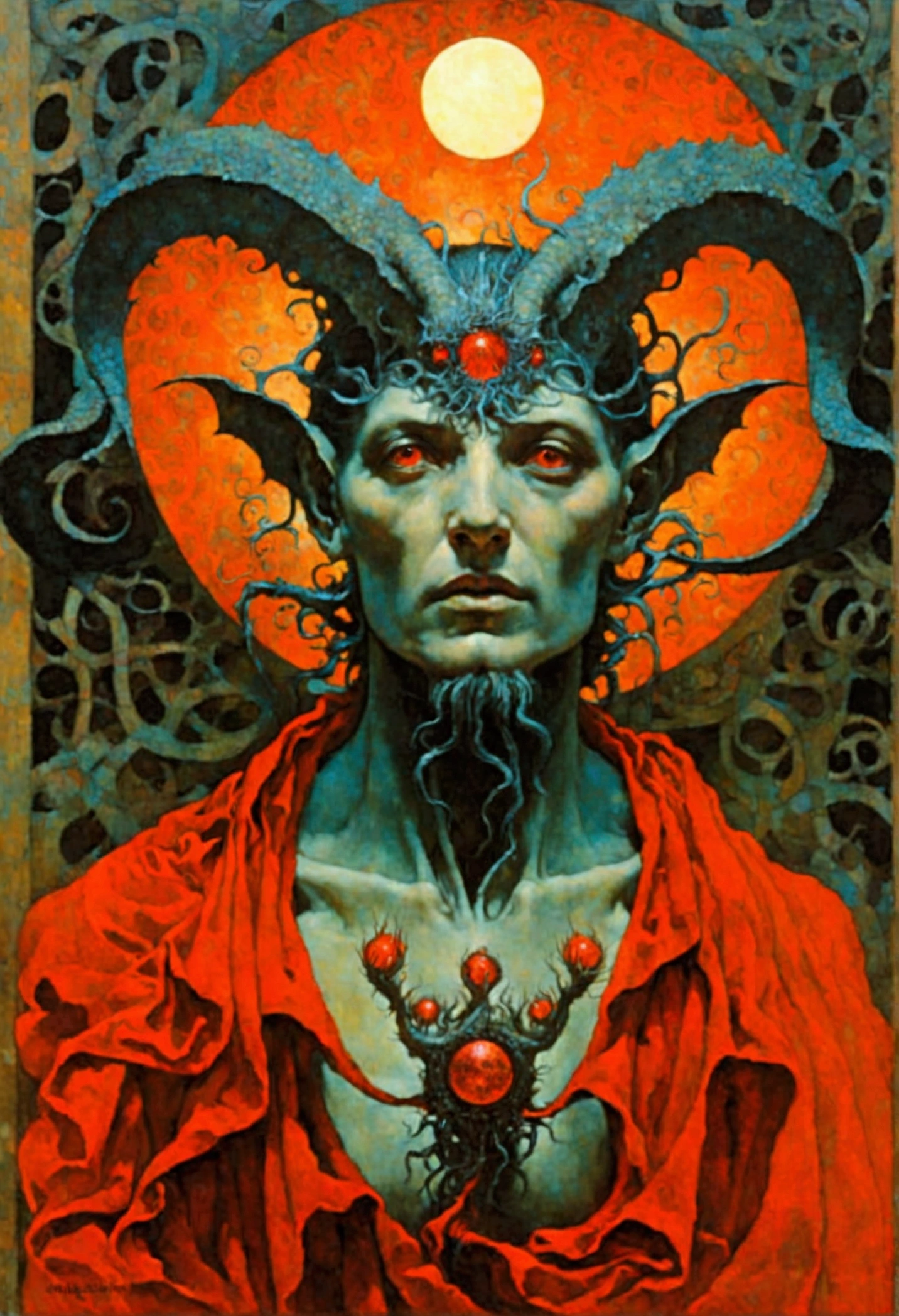 painting of a hand holding a snake with a red feather, oil canvas of lucifer, style of santiago caruso, eugene gottsnake, inspired by Santiago Caruso, inspired by Matthias Grünewald, inspired by Albrecht Altdorfer, gabriele dell'otto, inspired by Nicola Samori, sebastian kruger, inspired by Alessandro Allori, agostino arrivabene, oil painting,Denis Forkas style,baroque,dark atmosphere,creepy,professional illustration,professional painting,deformed creepy portrait from the deep abyss,snakes,intricate details,best quality,4k,8k,highres,masterpiece:1.2,ultra-detailed,realistic,photorealistic,photo-realistic:1.37,HDR,UHD,studio lighting,ultra-fine painting,sharp focus,physically-based rendering,extreme detail description,professional,vivid colors,bokeh