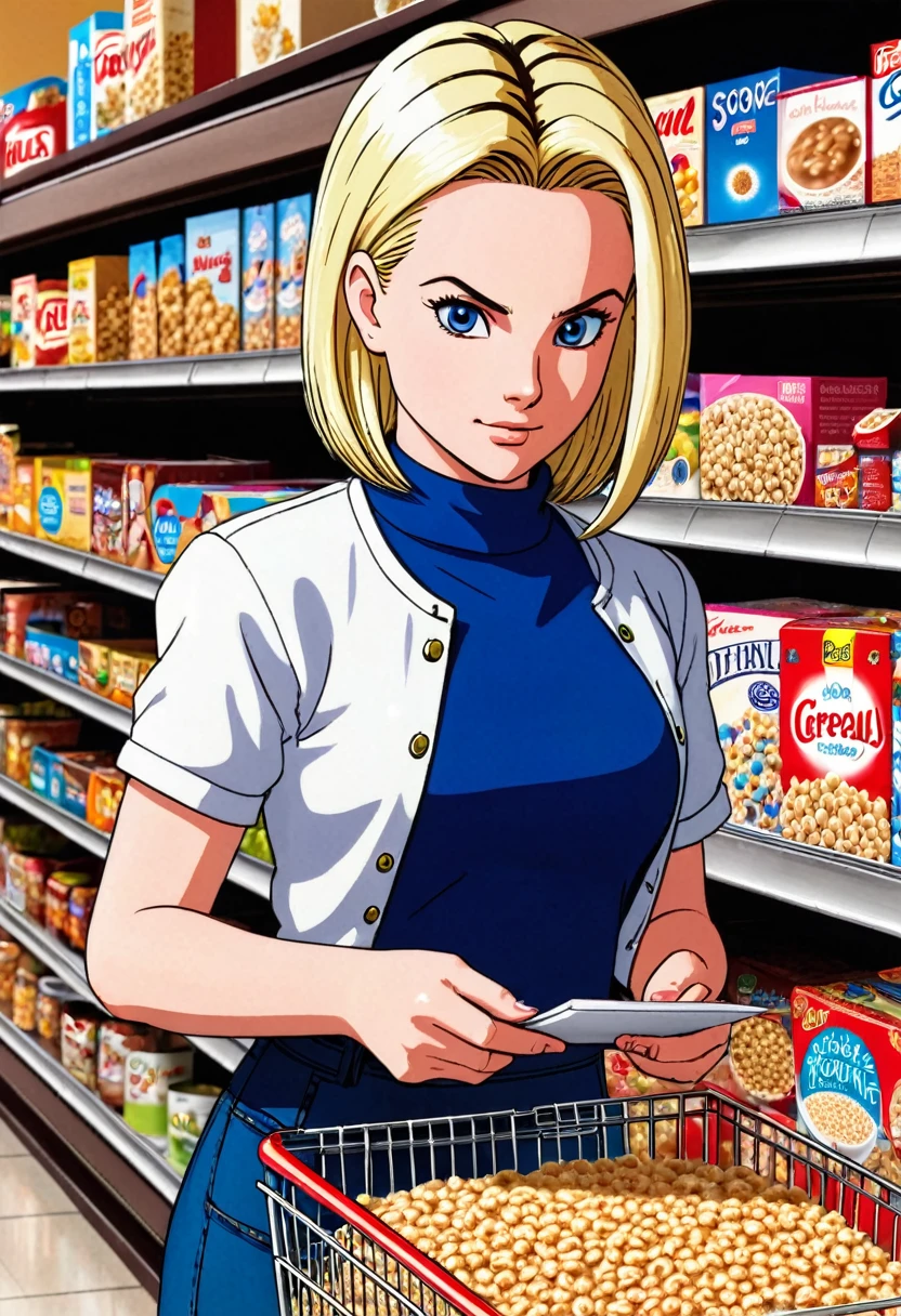 Android 18 grocery shopping, inspecting cereal brands, unaware