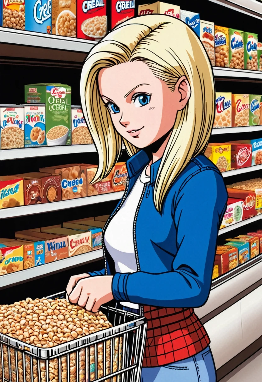 Android 18 grocery shopping, inspecting cereal brands, unaware