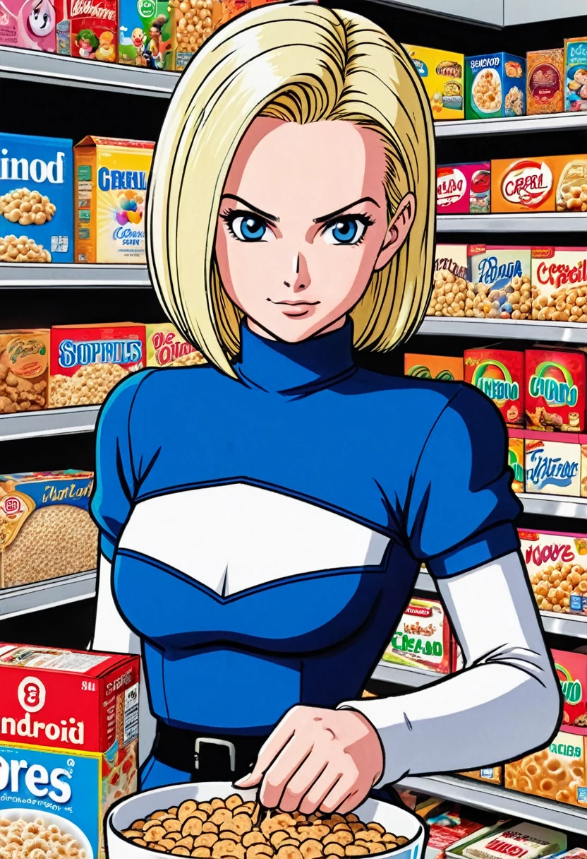 Android 18 grocery shopping, inspecting cereal brands, unaware