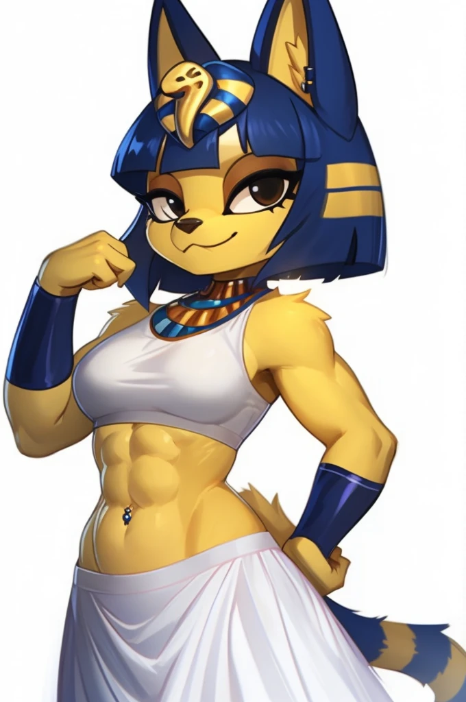 ((best quality)), ((masterpiece)), (detailed), ((2k)), trending on artstation, furry, furry style, anthro style, perfect face, a digital artwork of a sexy Ankha with abs wearing a crop top of her white sleeveless dress with white long dress skirt, a bare midriff, a bare navel, an exposed belly button, Egyptian setting, smug face, tail, blue Egyptian handbands, navel piercing