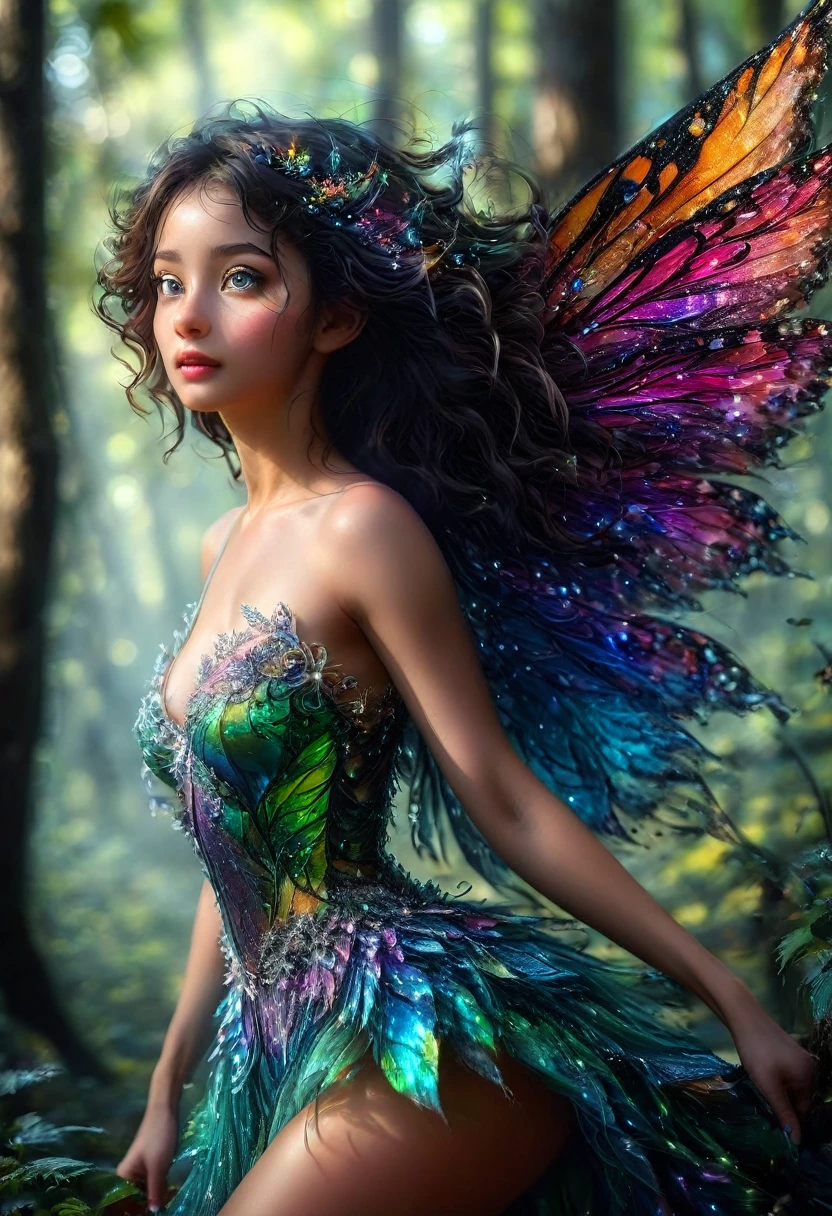 beautiful extreme tall fairy forest green clothes and eyes, large bright iridescent luminescent fairy wings, black full wavy curly wind blown hair, happy loving, on a forest trail in the deep woods illuminated by here ethereal magic and multitude of forest insects butterflies moths and sprite tracers, unity 8k wallpaper, ultra detailed, beautiful and aesthetic, masterpiece, best quality, cowboyshot, the most beautiful form of chaos, elegant, a brutalist designed, vivid colours, solo, solo, dramatic lighting, , Realist portrait of a inclusion of ( breathtaking ethereal RAW photo of female ((extremely realistic photo)), (professional photo), (cowboy shot:1.25). award-winning photography, hyperrealistic, raw photo, fuji velvia. , sexy pose, . TSUBAKIDEF, ((((Full body shot of stunning beauty woman)),8k