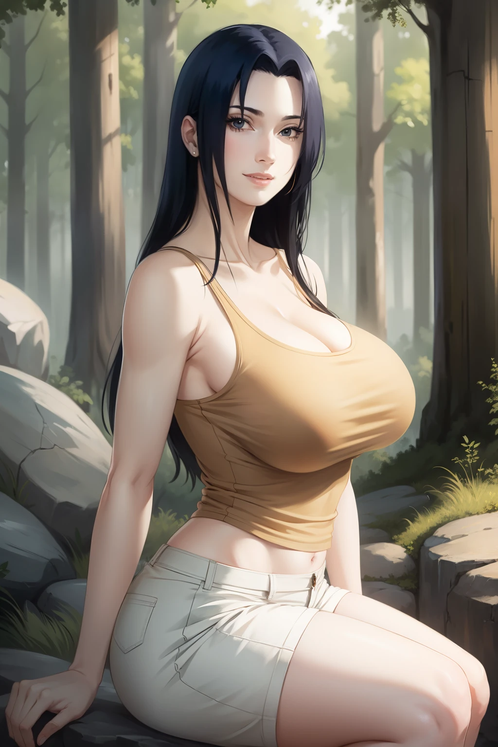 Mikoto Uchiha, oil painting, highly detailed, realistic, portrait, bright colors, soft lighting, (best quality, 4k,8k, height, masterpiece: 1.2), (big round breasts: 1.5), professional, long black hair, eyes black, beautiful detailed eyes and face, very detailed smile, long eyelashes, sitting on a rock, looking towards the viewer, very short top, big butt, bare shoulders, white shorts, outdoors, forest, cowboy shot, collarbone.