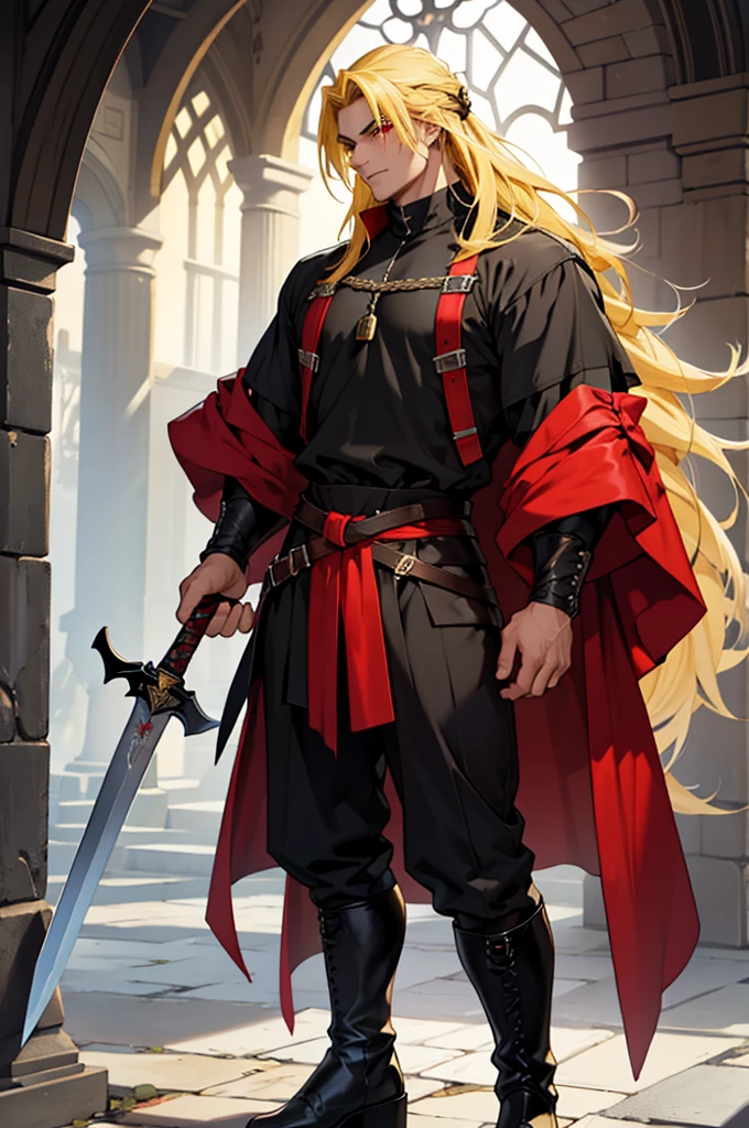 21:12:26 A handsome Galician boy with red eyes, long hair, full body view, wearing a black shirt, medieval clothes and leather boots, sword, blonde hair, yellow hair, strong man