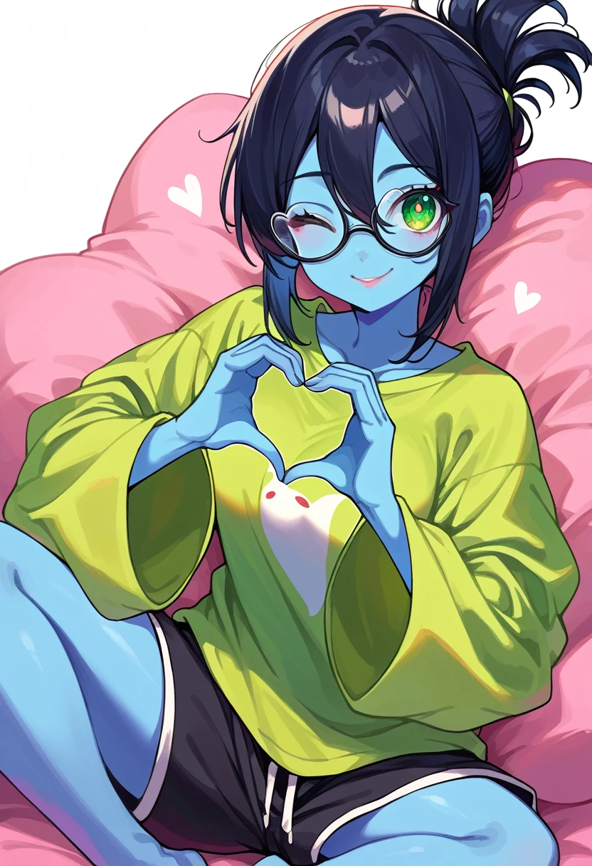 score_9, score_8_up, score_7_up, source_anime, 1girl, cute, solo, lips, blue skin, long black hair, shaggy ponytail hairstyle, medium breasts, hair between eyes, green eyes, symbol-shaped_pupils, tilted glasses, alien, oversized tshirt, oversized sleeves, dolphin shorts, wink, smile, bedroom, close up, heart hands, masterpiece, best quality, perfect anatomy, high detailed eyes, award winning, highly textured skin details, 8k, absurdres, good hands, good feet